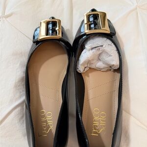 Franco Sarto Black Patent Flats with Gold Buckle